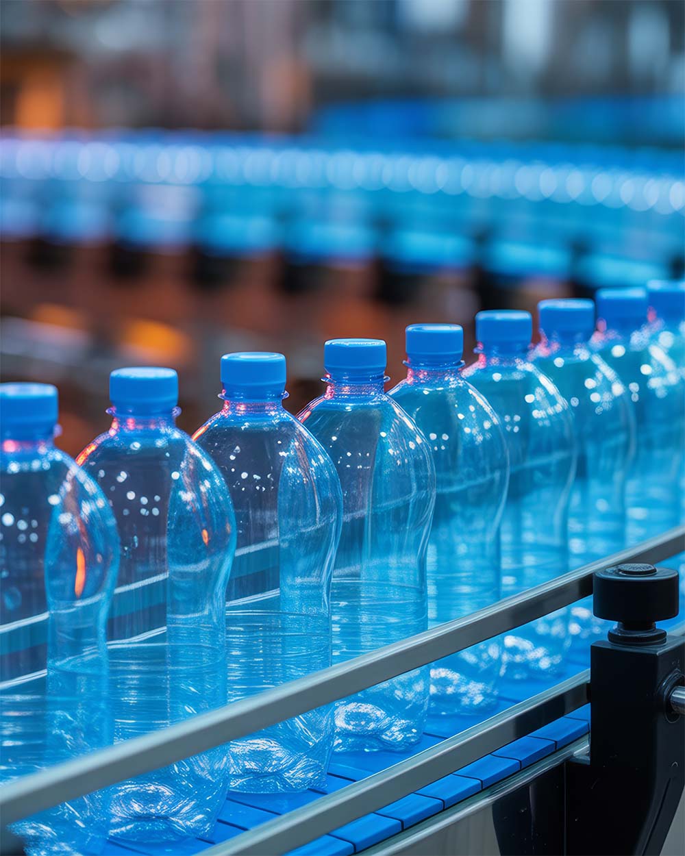 Plastic bottles on a production line in a plastic packaging manufacturing facility.