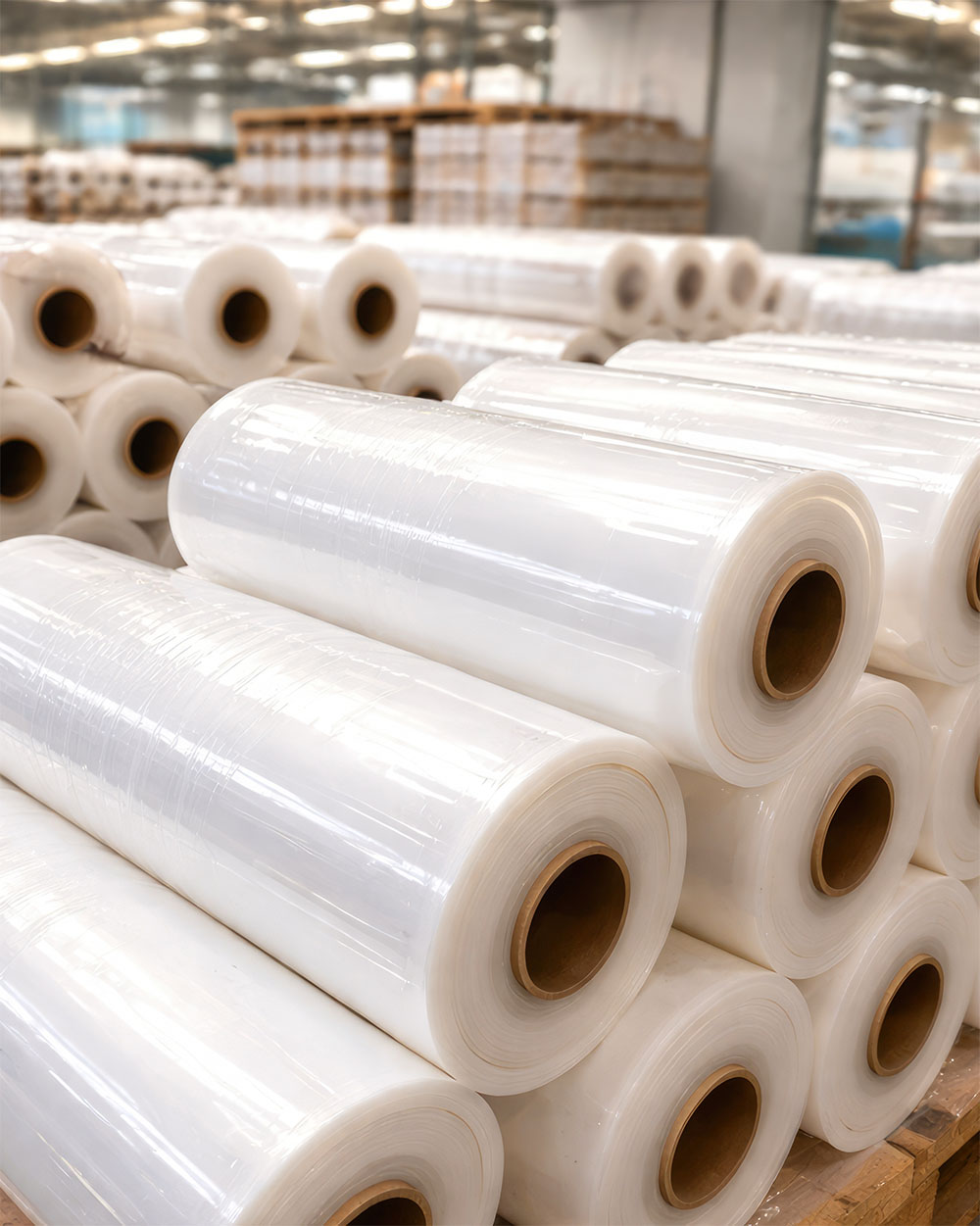 Large rolls of plastic film in a manufacturing and warehouse environment.