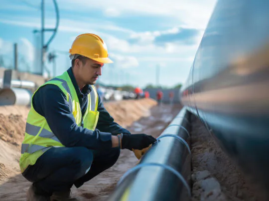 Worker at factory plant inspection of pipe installation